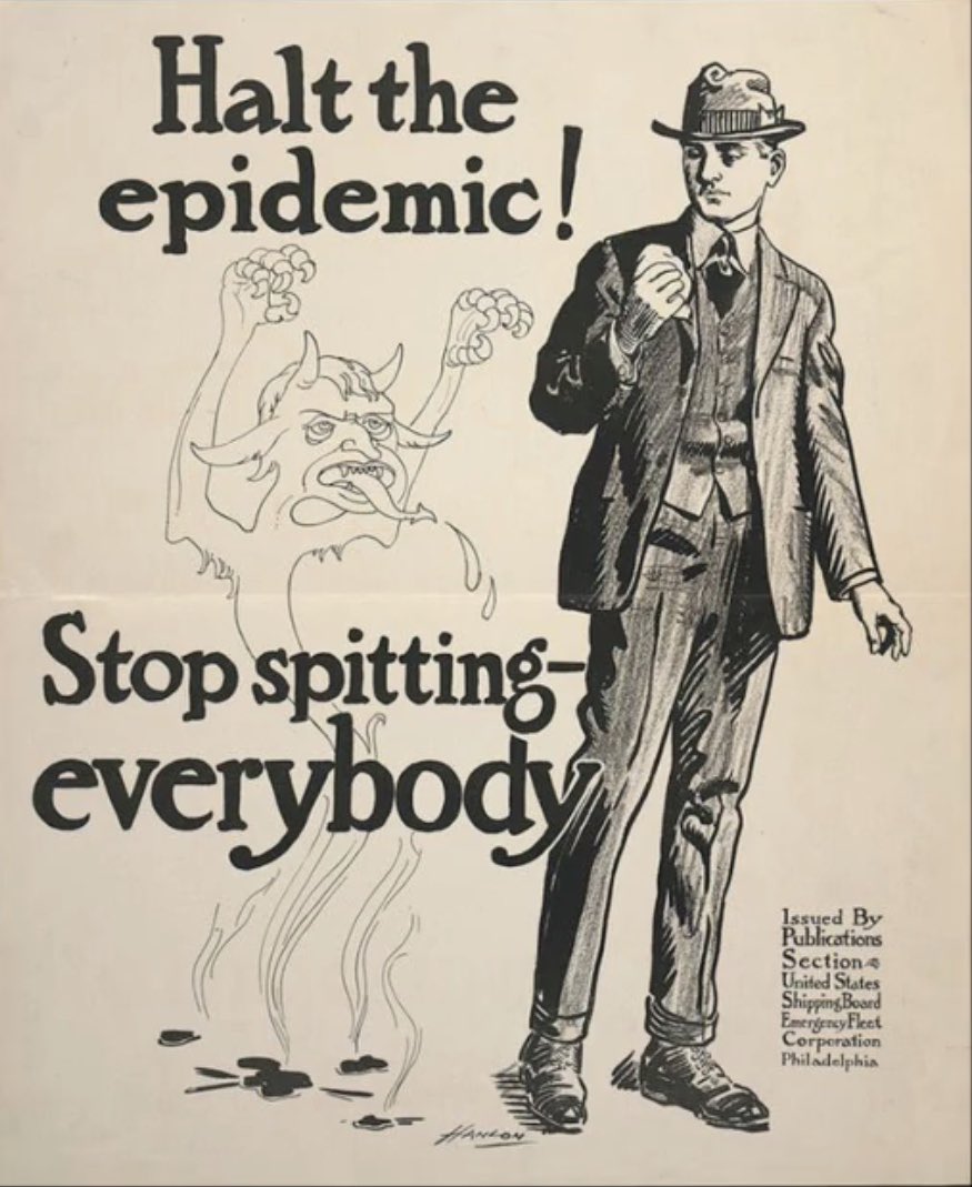 Propaganda posters were short, catchy, and to-the-point, some with a jingle - “coughs and sneezes spread diseases” to keep people socially involved A nice touch with the demon depicted rising out from the mans spit!  #HumanityIsNotAVirus