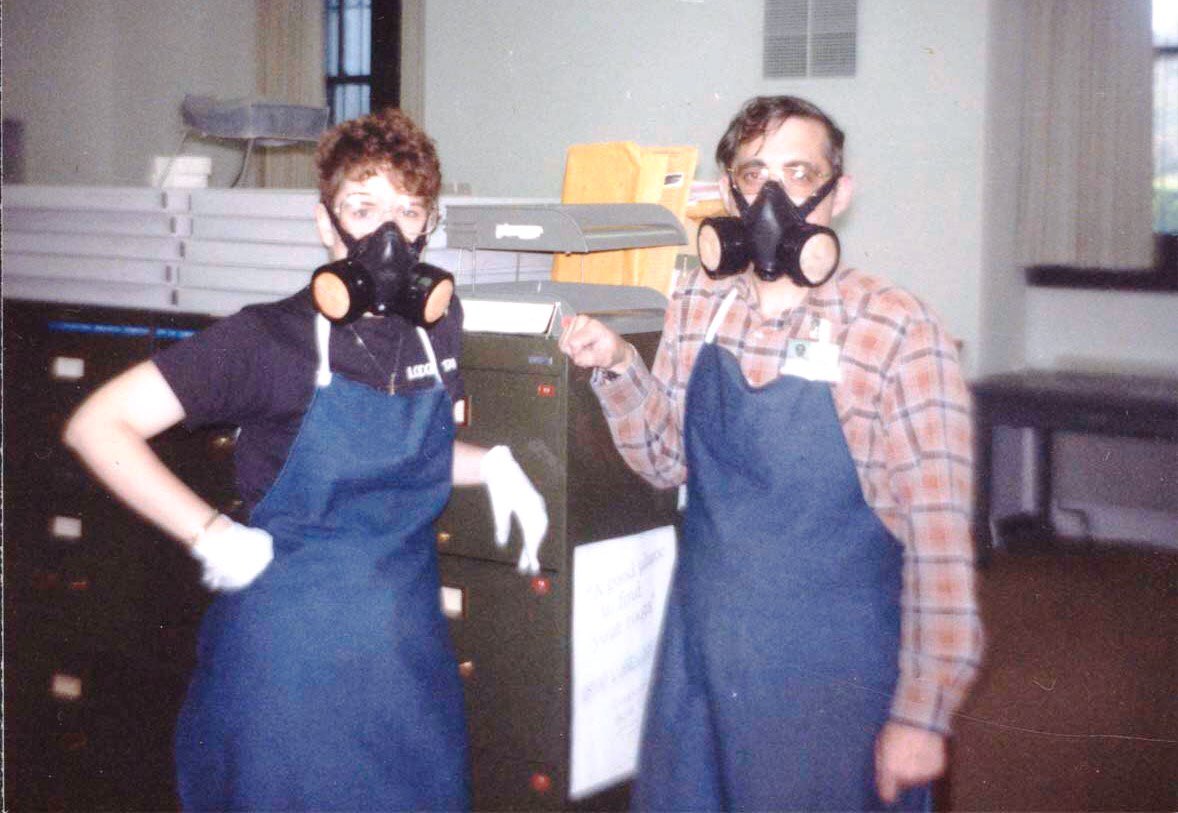 LibraryofCT's tweet photo. It’s Darth Archivist and his minion! #ArchivesOnTheJob gets some dirty jobs like rescuing waterlogged and moldy materials from basements and flooded buildings. Thankfully retired CT State Archivist Mark Jones loved his job! #ArchivesHashtagParty #ArchivesMonth https://t.co/VmtcCB478z