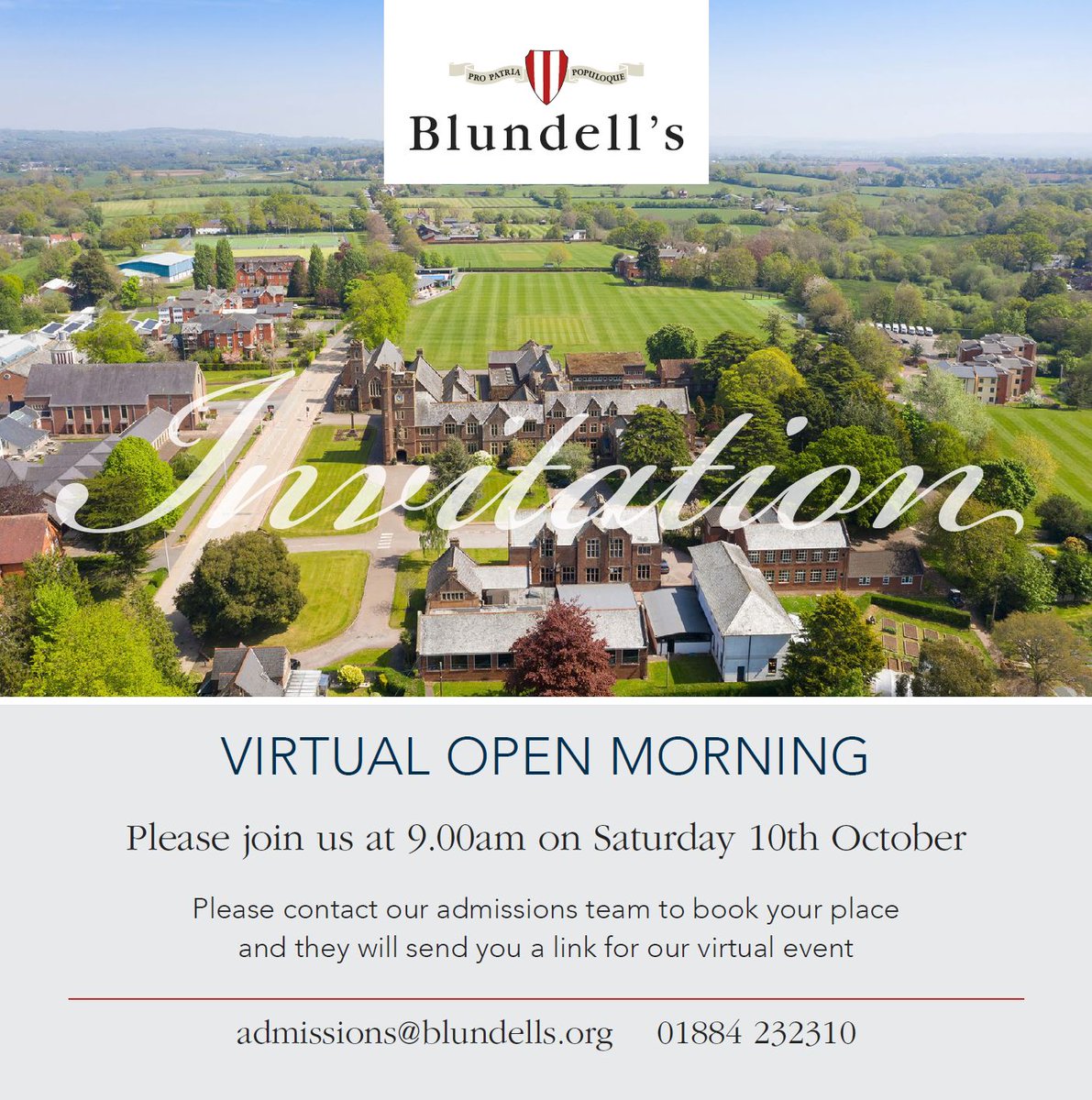 BlundellsSchool's tweet photo. Join us for our Virtual Open Day on Saturday 10th October 2020 from 9am. To book your place please contact our admissions team: admissions@blundells.org #VirtualOpenDay2020 https://t.co/PLMcXtumYz