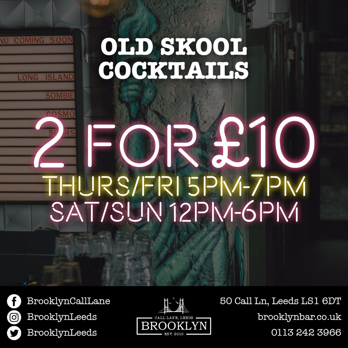 Get the most out of your weekend by snatching up our incredible Old Skool Cocktail deal 😱

You can get 2 of our jaw-dropping cocktails for only £10 when you pay us a visit from 5PM-7PM on Thursday/Friday and 12PM-6PM on Saturday/Sunday  🍹 

#BrooklynBar #Leeds #CallLane #drinks