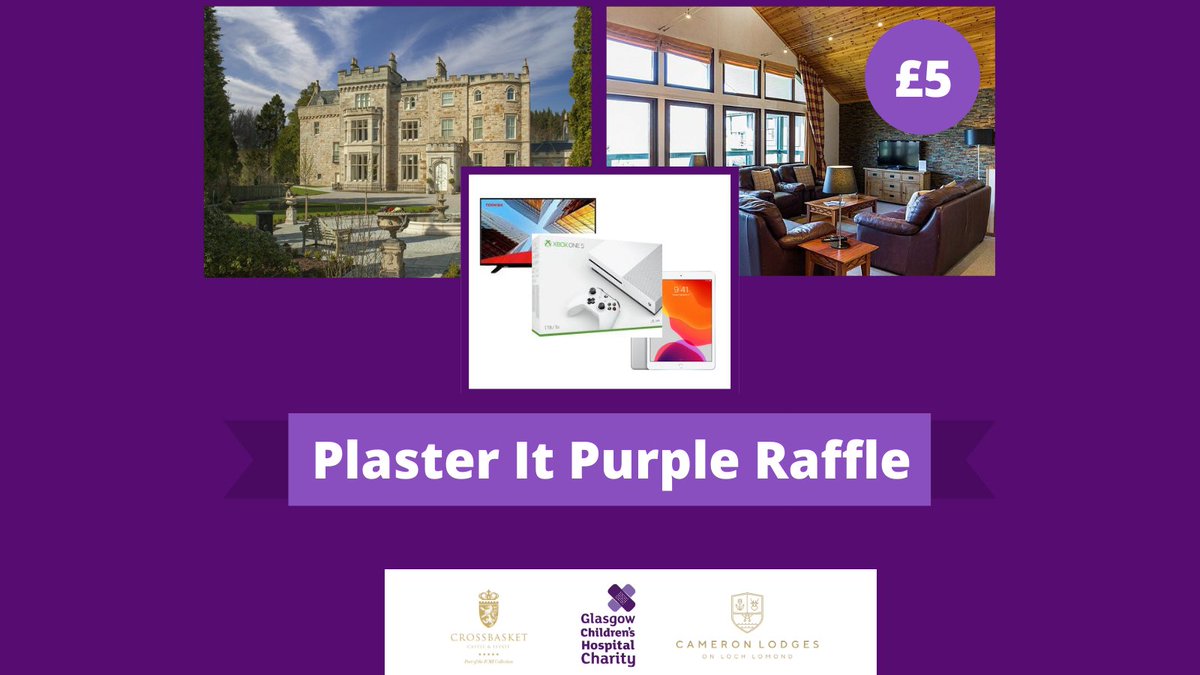 GCH_Charity's tweet photo. Our #PlasterItPurple Raffle is here!😊

Support our young patients and be in with the chance of winning one of our incredible prizes

🟣Luxury overnight for four @crossbasket
🟣3 night staycation (2 bed) @CameronLodges
🟣Tech Entertainment Bundle

T&amp;Cs +🎫 https://t.co/RvlG3avzPh https://t.co/HjOgwIESOL