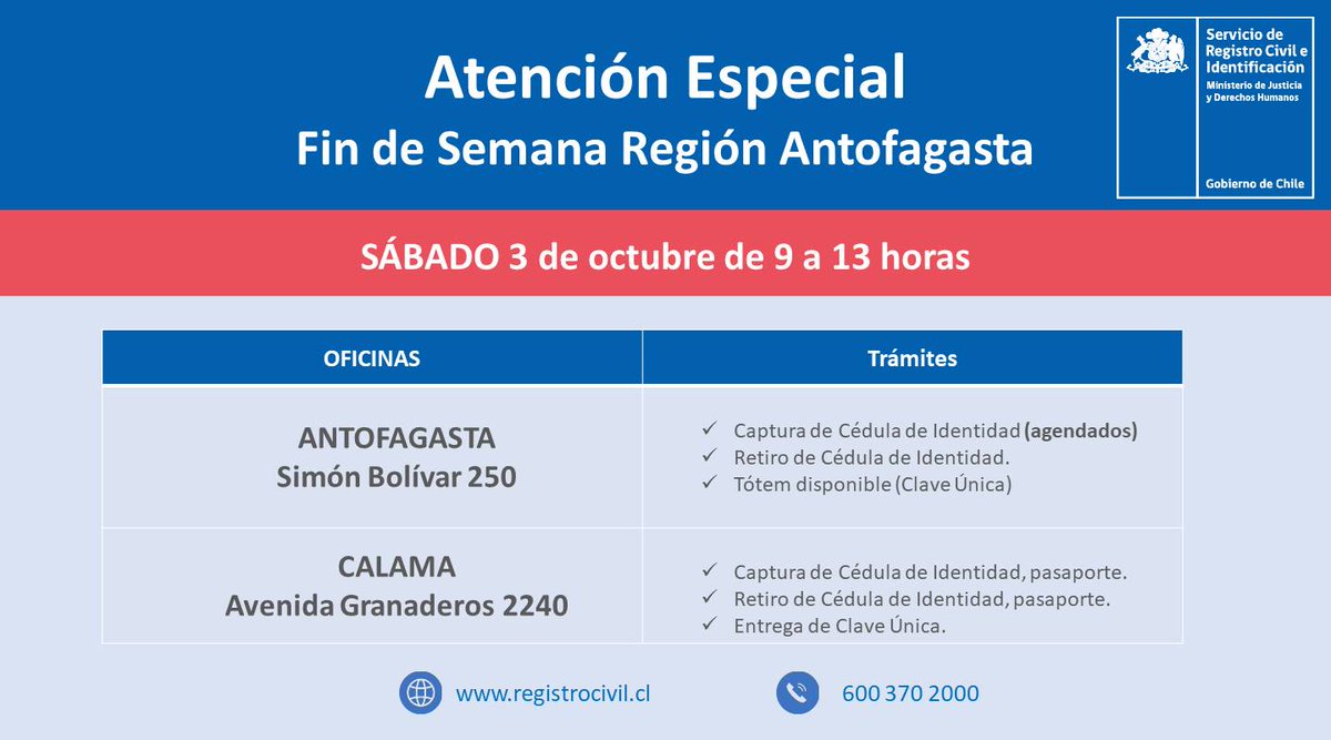 🔴Atención ☝️

➡️𝗠𝗮𝗻̃𝗮𝗻𝗮 𝘀𝗮́𝗯𝗮𝗱𝗼 𝟯, Oficinas de #Antofagasta y #Calama atenderán desde 9 a 13 horas para solicitud y retiro de cédulas de identidad, en Campaña #CuidaTuCédula con miras al Plebiscito del 25 de octubre.

<a href="/MinjudhAntof/">Seremi Justicia y Derechos Humanos Antofagasta</a> <a href="/GOREAntofagasta/">Gobierno Regional Antofagasta</a>