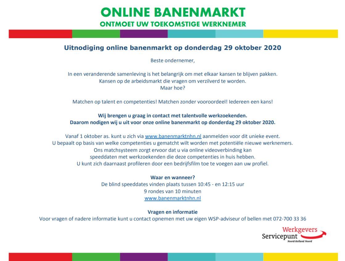 WSPNHN's tweet photo. Op zoek naar nieuw talent? Doe mee aan voor de online #banenmarktnhn van WSP-NHN op 29 oktober en ontmoet nieuwe potentiële werknemers. Matchen op #competenties &amp; online #speeddates. Bekijk de uitnodiging en meld uw bedrijf aan via: https://t.co/hShoabRVDI. https://t.co/80qPk64P1k
