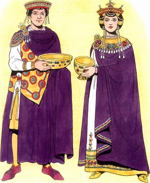 Let's start with Emperor Ionius X. His costume is almost a direct replica, down to the very same fibulae of the mosaics for Emperor Justinian the Great (reigned 527 - 565). The wear and pattern placement in Ionius X costume is fashioned after royal togas of this era.