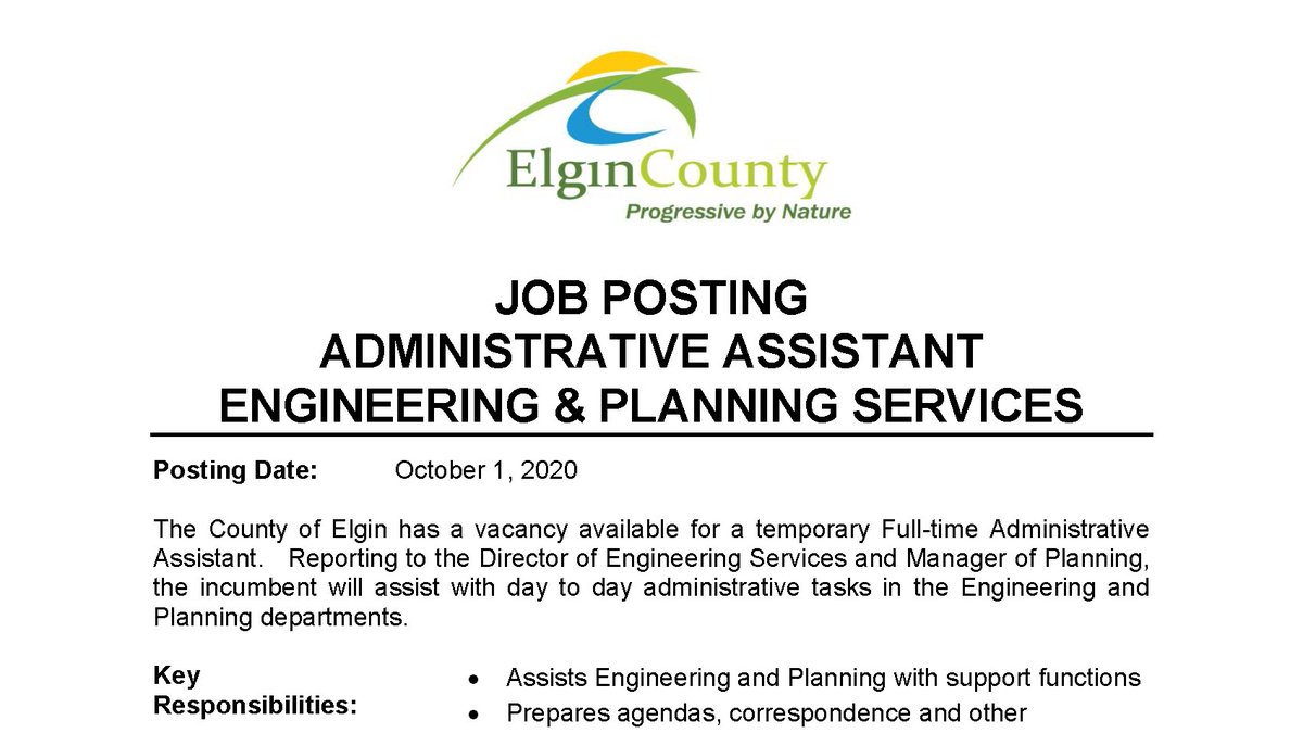 ‼️ 𝗘𝗠𝗣𝗟𝗢𝗬𝗠𝗘𝗡𝗧 𝗢𝗣𝗣𝗢𝗥𝗧𝗨𝗡𝗜𝗧𝗬: The County of Elgin has a vacancy available for a temporary Full-time Administrative Assistant who reports to the Director of Engineering Services and Manager of Planning. elgincounty.ca/wp-content/upl…