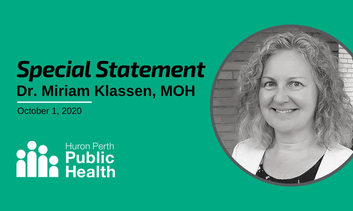 HPPublicHealth's tweet photo. ICYMI: See this special statement from Dr. Miriam Klassen, MOH for Huron Perth on area #COVID19 testing, new #SchoolScreening tool, & fall celebrations: https://t.co/SrcTbvcYyB Together we can #StopTheSpread! https://t.co/QqWn60k6jr