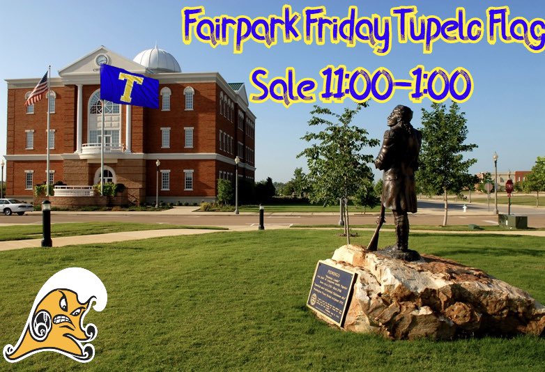 TupeloFloodZone's tweet photo. Friday Flag Day @ Fairpark! Come get your Tupelo T Flag that you see waving all over town! Today from 11:00-1:00 for $25. All proceeds go to the @tupelofootball team. Thank you Tupelo and Mayor @jasonformiss for your support! #GoWave https://t.co/eYDDrqZkLm
