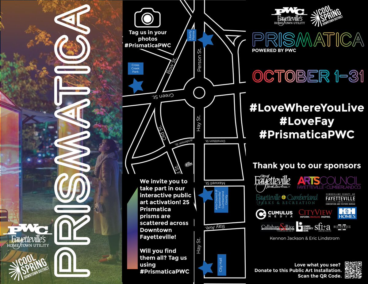 Here are all the locations for #PrismaticaPWC <a href="/DowntownFay/">DowntownFayetteville</a>:
-Cross Creek Linear Park
-<a href="/arts_council/">The Arts Council of Fayetteville-Cumberland County</a> (301 Hay St.)
-100 block of Person St across from the @CumberlandNC Courthouse
-City Hall
We encourage you to come see, spin, make music, and create art with Prismatica!!