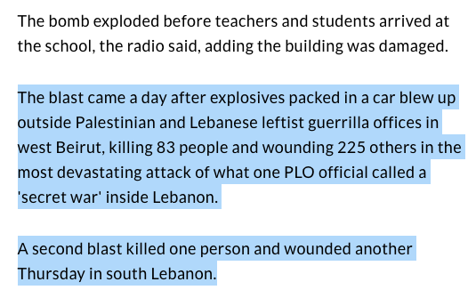 Thankfully, there were no casualties as the bomb "exploded before teachers and students arrived at the school." Schiff then describes in detail the bombings of the previous day 13/ Link to article:  https://www.upi.com/Archives/1981/10/02/A-165-pound-bomb-ripped-through-an-empty-schoolhouse-in/7481370843200/