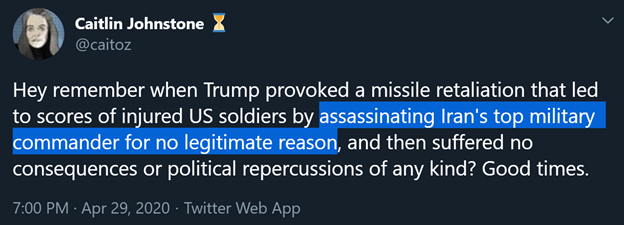 2)Johnstone is angry over President Trump’s decision to eliminate the world’s leading terrorist, Qassem Soleimani & criticized Trump by claiming he had “no legitimate reason” to have Soleimani killed.Soleimani destroyed the lives of millions of people with his militias.