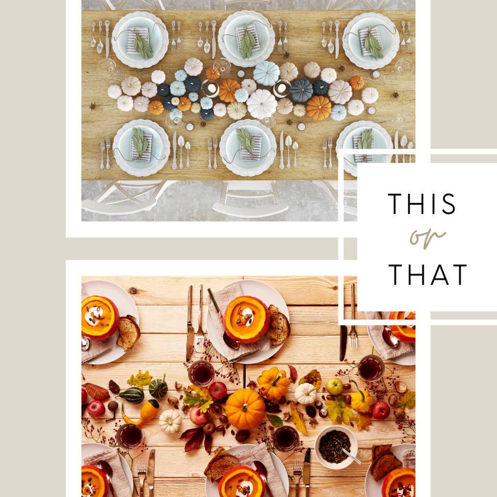 Let’s play a game of this or that!
Would you decorate your table with a more modern rustic table setting (top) or more traditional table setting full of fall-typical colors (bottom)? 👇#Fall #Falldecor #TheInfinityGroup