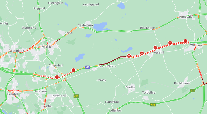 trafficscotland's tweet photo. ❗️Update⌚️15.30
#M8 remains CLOSED⛔️ due to two serious RTC's
E/B Closed J6a-J4a
W/B Closed J4a-J5
Diversion- #B7066 is heavily congested
Also seeing heavy traffic on #M9 J5 to J7
#AvoidIfPossible
The road is likely to remain closed for some time
#LongDelays #PlanAhead https://t.co/9QtjuqYNjv