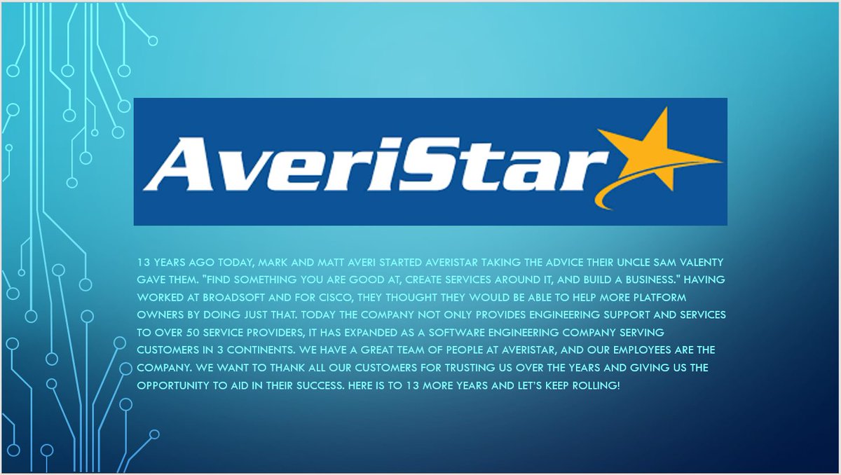 AveriStar's tweet photo. #13years #13thanniversary #telecom #averistar #voip #cisco #broadsoft #broadworks #13andcounting #telecommunications #engineering #softwaredev https://t.co/stBgqC8FEH