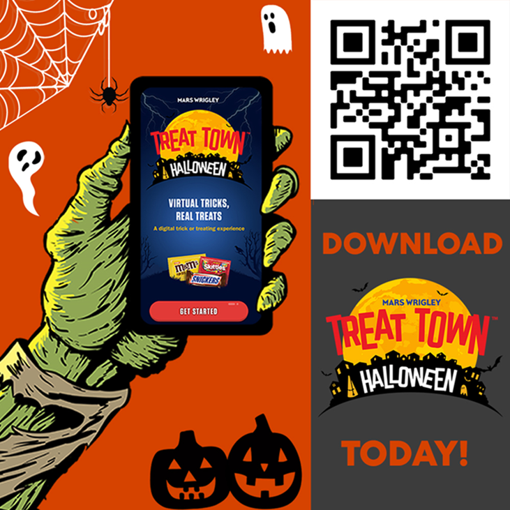 JenelloPieper's tweet photo. #TreatTown is officially live! Scan the QR code to download the app for an entire month filled of trick-or-treating fun with your family and friends! #ProudlyMars #Halloweenisnotcancelled https://t.co/puOvPmiNYa