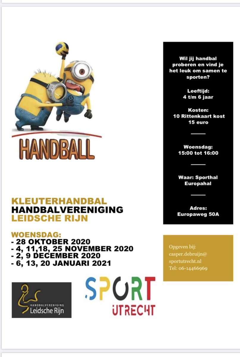 Na de herfstvakantie starten wij weer met kleuterhandbal voor kinderen van 4 t/m 6 jaar oud onder leiding van Casper de Bruijn. Dit keer lekker in de zaal en op woensdagmiddag... 

Meld je snel aan!

RT wordt gewaardeerd! <a href="/Sport_Utrecht/">SportUtrecht</a> <a href="/VARnws/">VAR NWS</a> <a href="/Handbal_NL/">Handbal Nederland</a>