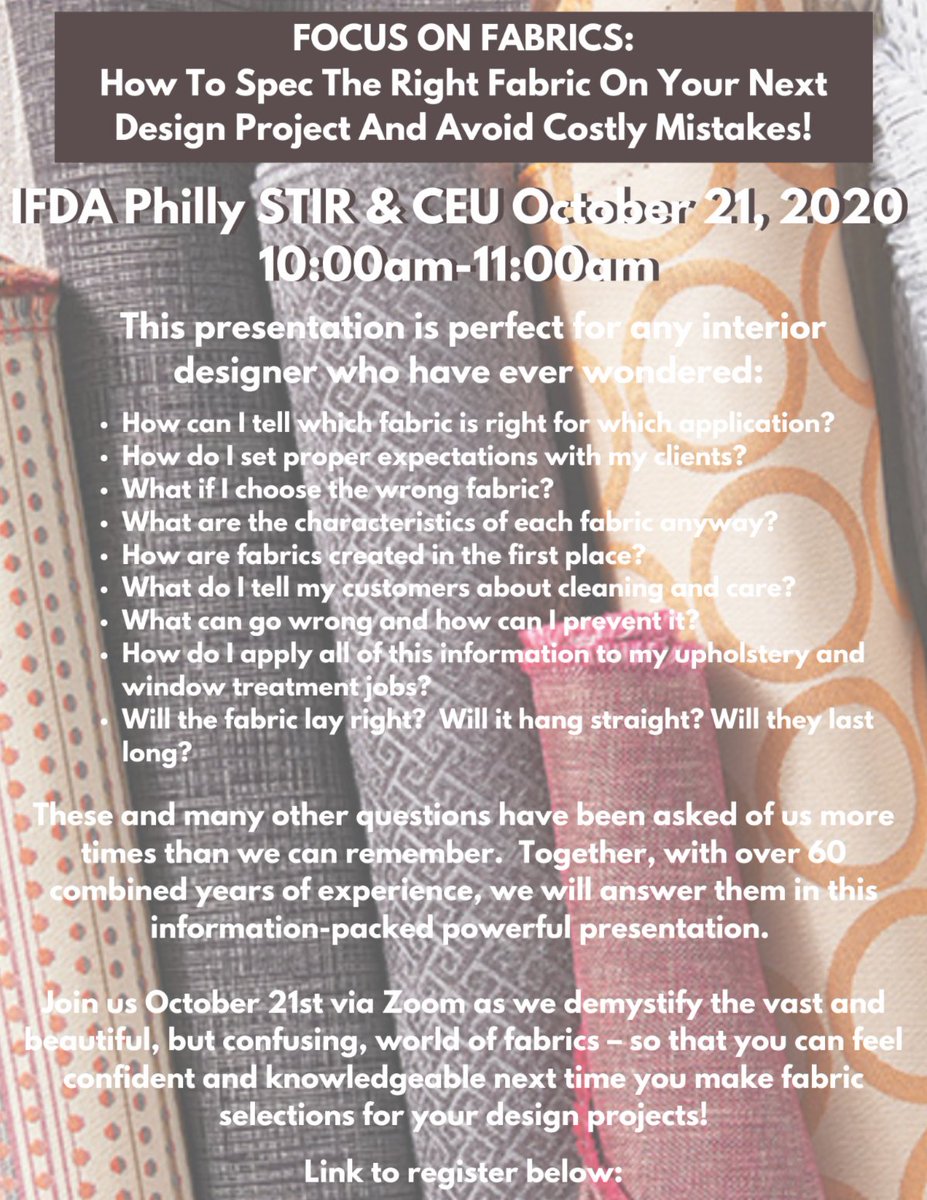 ifdaphilly's tweet photo. IFDA Philly STIR &amp; CEU: Focus on Fabrics on October 21, 2020! We hope you can join us[[FI... https://t.co/sz7jq9NDaM https://t.co/cTrfcF4iYN