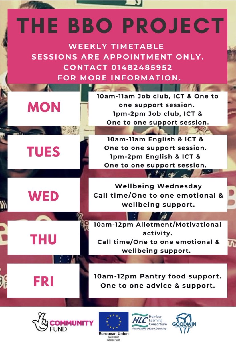 New BBO timetable. If your interested in our Monday or Tuesday morning &amp; afternoon sessions or Thursday morning sessions, Contact us on 01482485952 as these are appointment only. For any other information or additional support do not hesitate to call for a chat. <a href="/GoodwinDevTrust/">Goodwin Dev Trust</a>