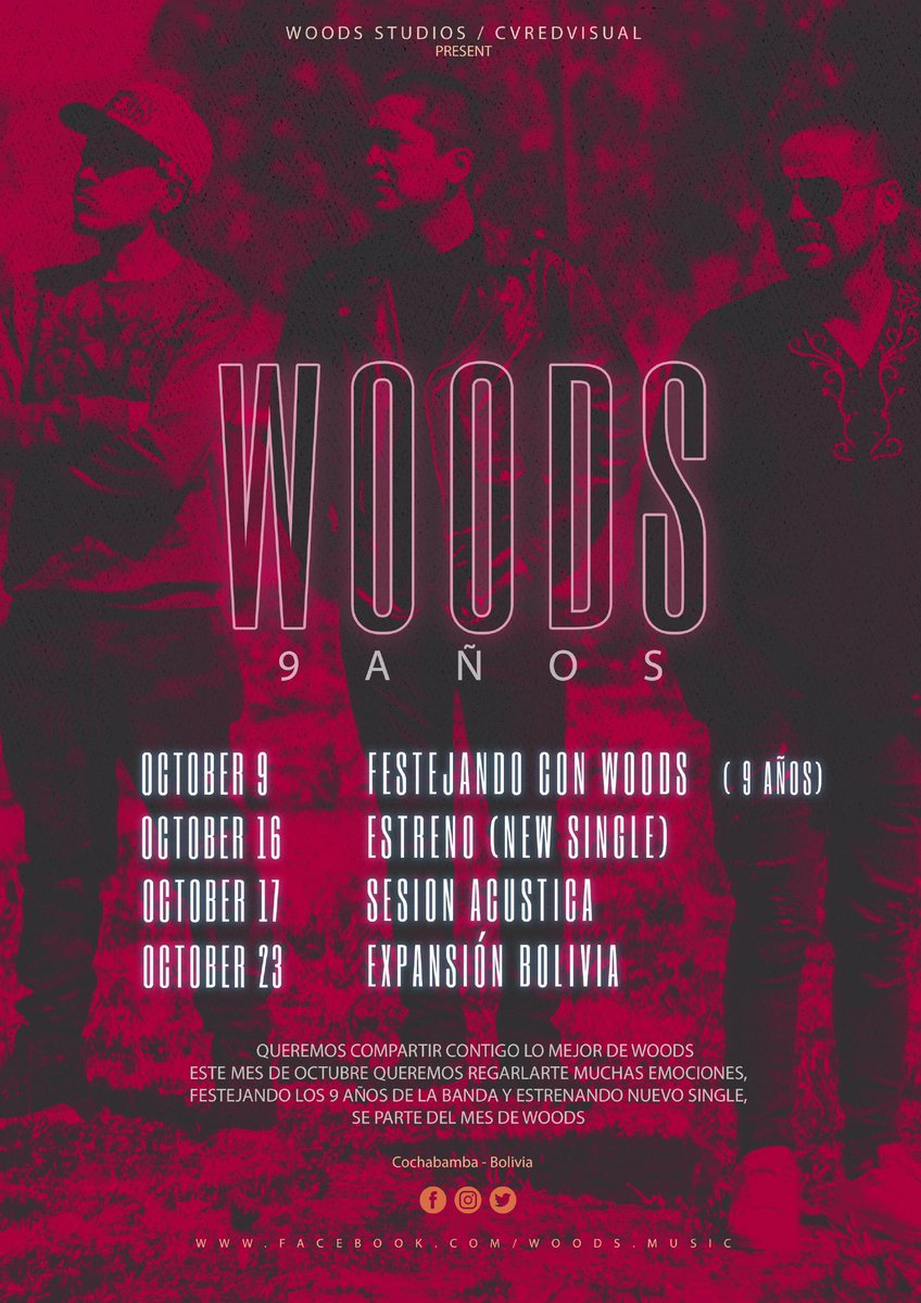 woods_rock's tweet photo. 🍾Este mes de Octubre votamos la casa por la ventana.🤗WOODS [9 años] 
🔺Fechas confirmadas para festejar en el mes de WOODS. 
🔸 9/10 Festejando con los WOODS [9años]
🔸 16/10 Estreno [New Single]
🔸 17/10 Sesión Acústica 
🔸 23/10 Expansión Bolivia 
Se parte de esta fiesta 🎊 https://t.co/8QMxHEMSzK