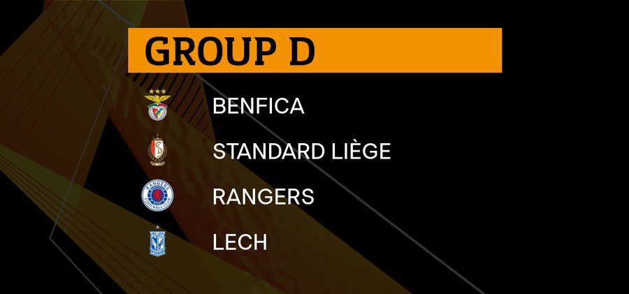 GROUP DA kind draw for  @RangersFC giving opportunity to pick up points.Benfica (previous EL & CL QFists) will be favs, but Rangers have form against Portuguese opposition Liège do grind out draws so could be tough to beat.Lech been absent from EL groups since 2015-16