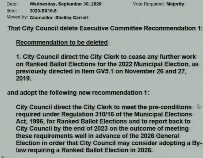 Councillor Shelley Carroll moves that Clerk go forward to meet the preconditions for a potential ranked ballot municipal election in 2026.