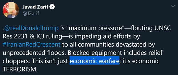 6)Notice how Johnstone also parrots Zarif’s talking point on accusing the U.S. of “economic warfare” against Iran’s regime.Coincidence? I think not.
