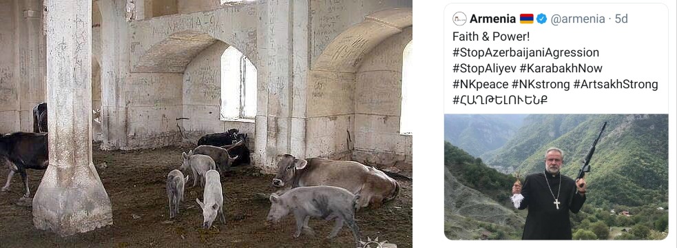Armenian way of #Religioustolerance:on the left,#Aghdam #Mosque turned into pigsty by🇦🇲,on the right,Armenian offcl account posting a photo of a cleric w/a gun calling Armenians to fight agst #Azerbaijan to stop🇦🇿from restoring its territorial integrity. Isn't he a terrorist?