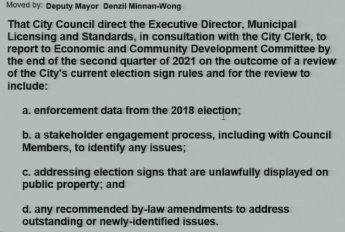 Deputy Mayor Minnan-Wong moves for a review of the city’s rules for election signs.