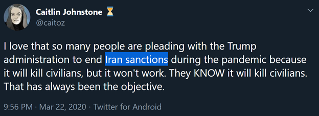 7)Johnstone also parrots Iran’s talking points about U.S. sanctions targeting civilians.However, she won’t tell you anything about the corrupt nature of Iran’s regime.“One Billion Euros Allocated For Importing Essential Goods 'Disappears' In Iran” https://en.radiofarda.com/a/one-billion-euros-allocated-for-importing-essential-goods-disappears-in-iran/30066674.html
