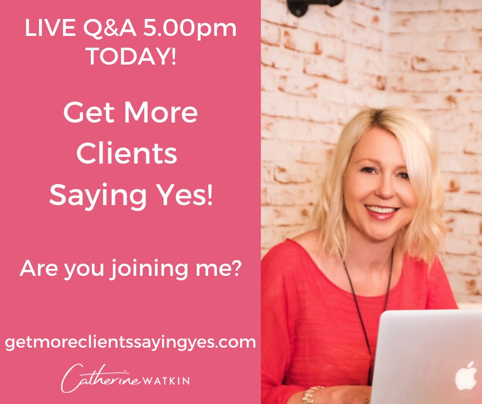 ❤️ Live Q&amp;A at 5.00pm (Uk) TODAY ❤️

I will be live on my Page answering your questions about my online programme, Get More Clients Saying Yes! Here's the link: bit.ly/2Wpr8gd
Come along to my Page and ask your questions or just listen in.

I hope to see you there
