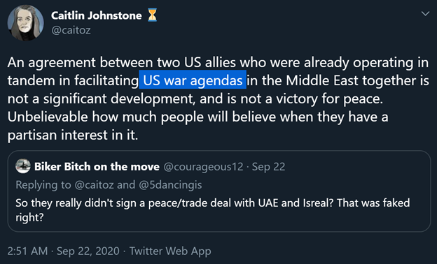 9)Johnstone is also against the new Middle East peace initiative, another case of parroting Iran’s talking points. In another tweet she shows her strong advocacy of terror groups Hezbollah, Hamas & the Houthis.All backed by Iran.Coincidence? I think not.
