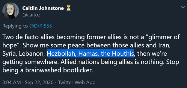 9)Johnstone is also against the new Middle East peace initiative, another case of parroting Iran’s talking points. In another tweet she shows her strong advocacy of terror groups Hezbollah, Hamas & the Houthis.All backed by Iran.Coincidence? I think not.