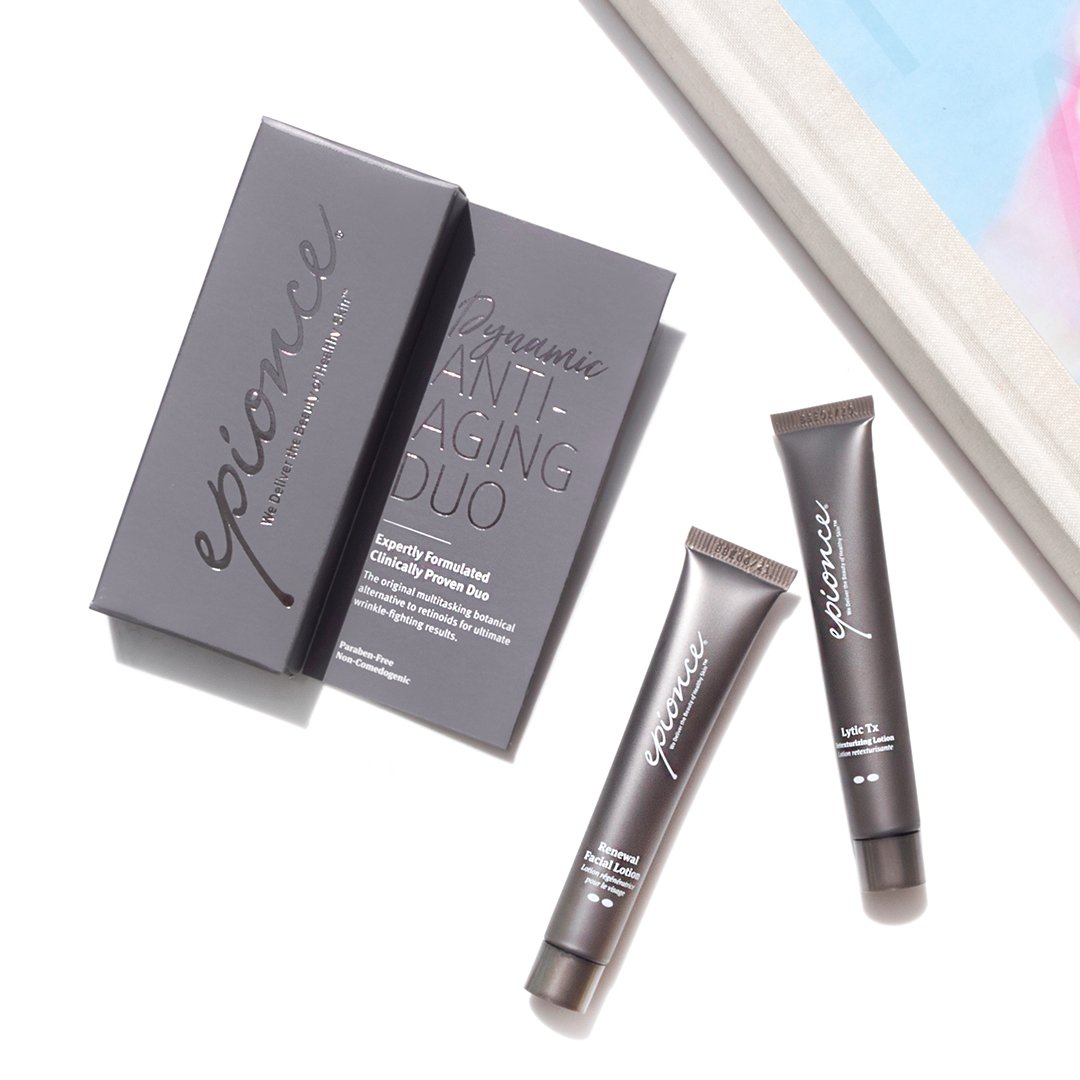 epionce's tweet photo. The Dynamic Anti-Aging Duo includes a Lytic + Renewal and is clinically proven to visibly reduce the appearance of fine lines and wrinkles better than leading retinoids. Botanical-based technology means you get medical-grade results without irritation. #epionce #epioncepro https://t.co/tMCRUEIBhI