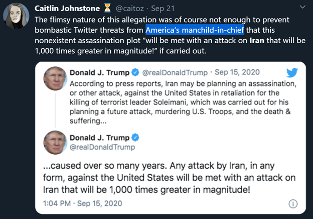 10)And when U.S. President Donald Trump responded to Iran’s threats to assassinate an American ambassador, Johnstone again took Iran’s side.Her “professional” terminology is also quite telling.