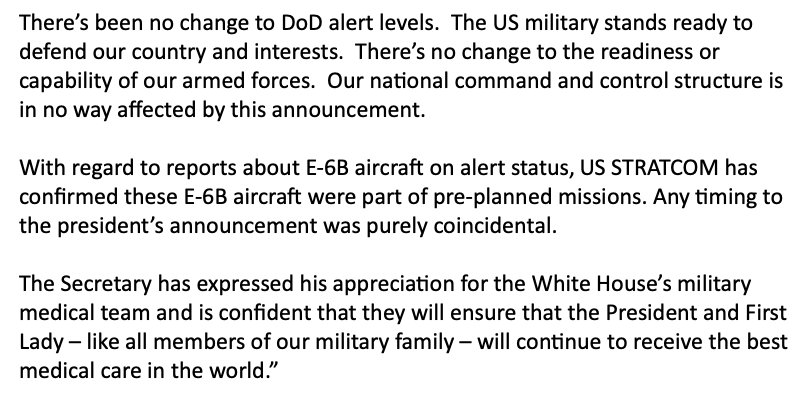 CONTD:  @DeptofDefense Is Saying They Have NOT CHANGED The Alert level of the United States Military & That The E6 Aircraft Movements Are Coincidental. They Also Say, "The US Military Stands Ready To Defend Our Nation & Our Interests."...