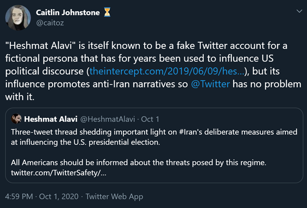 12)L—Johnstone even believes Iran’s regime has “every right to influence US political discourse.”R—Johnstone also sheds tears for a very interesting list of regimes: China – Russia – Iran – Maduro – Assad