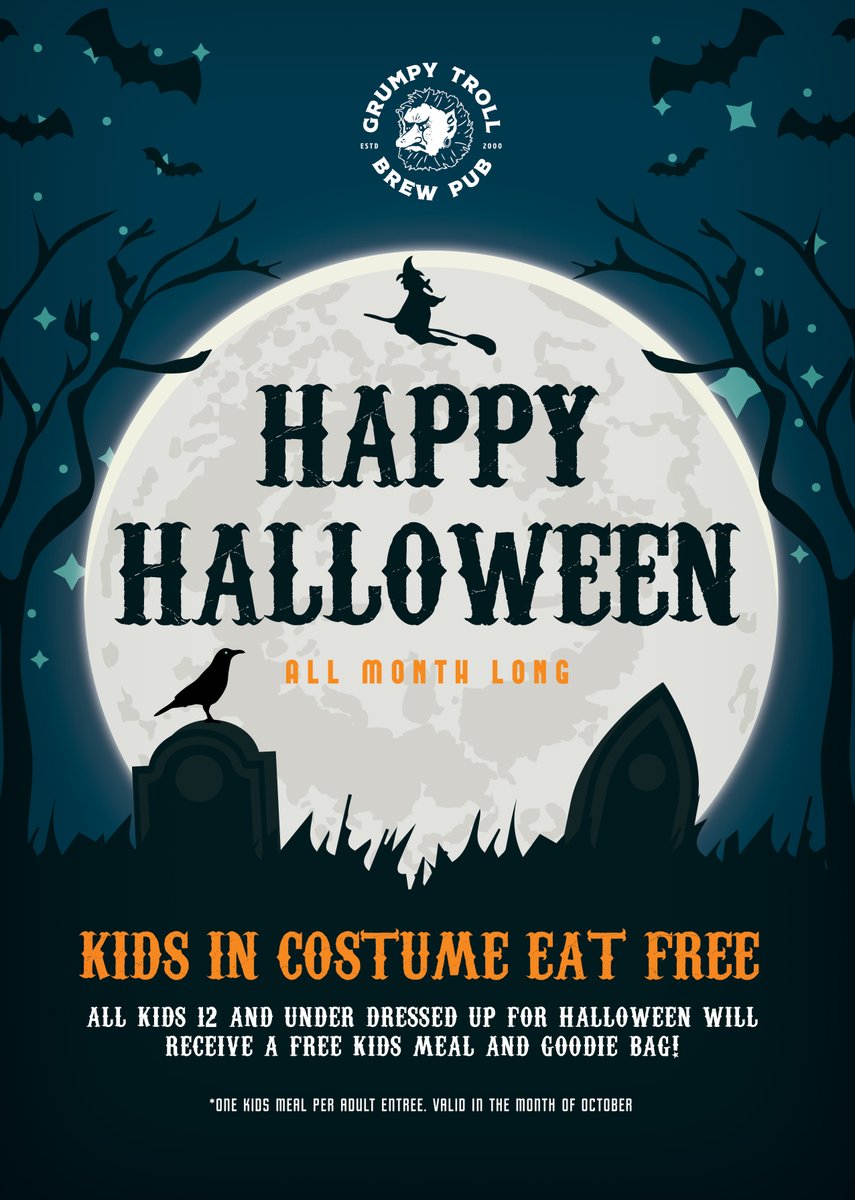 We know how much kids love Halloween and we don't want them to miss out this year. During the month of October, bring in your kiddos, dressed in their Halloween costume and they'll receive a free kids meal & a goodie bag. After all, you're only a kid once! #notricksjusttreats