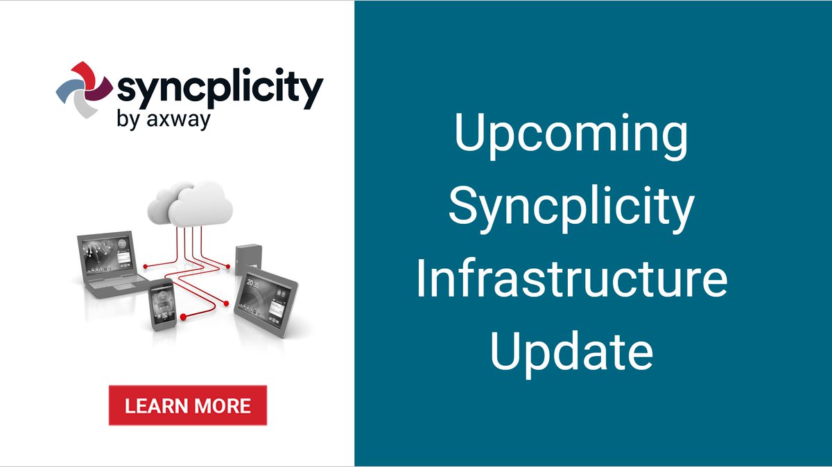 Hey Syncplicity admins!
On October 14, 2020, we will improve and update Syncplicity infrastructure services. As part of this change, the DNS records for external services will be updated.
👉 To learn more, visit: bit.ly/3cTkGFa