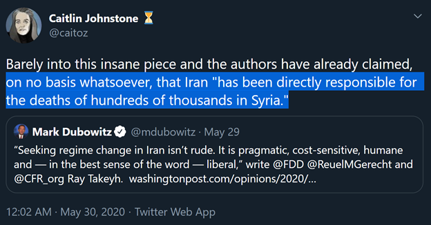 13)Johnstone is also very sensitive when Iran’s regime is accused of supporting the Assad killing machine in Syria.Or any criticism of Iran & Assad’s human rights abuses.This is quite telling about Johnstone.