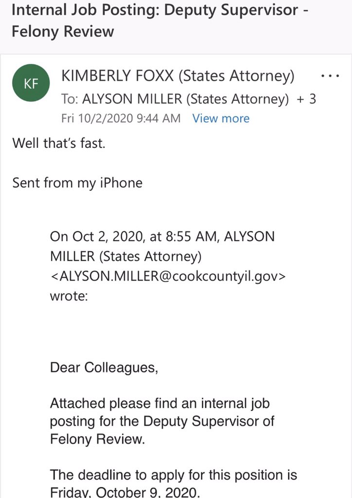 Meanwhile, here’s what looks like an internal posting for Trutenko’s job .... and Cook County State’s Attorney Kim Foxx replying all with “Well, that’s fast.”
