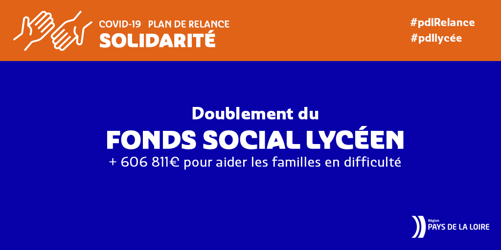 paysdelaloire's tweet photo. #pdlRelance la Région a doublé le montant du Fonds social lycéen pour l’année scolaire 2020-21, votant ainsi une 2nd enveloppe de 606 811€. Le Fonds social lycéen est un dispositif d’aide régionale, destiné à alléger le budget des familles en difficulté ➡https://t.co/Rv2HOJOlLB https://t.co/cwAcHz7UuU