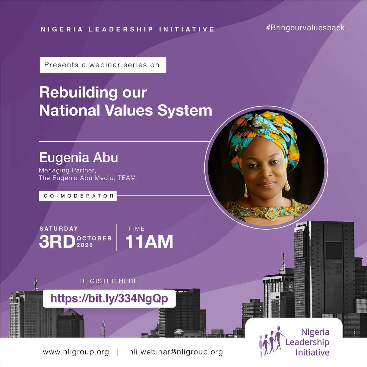 NLIGlobal1's tweet photo. We are delighted to have Mrs Eugenia Abu join us as co-moderator. Mrs Abu is the Managing Partner of The Eugenia Abu Media TEAM &amp; Former Executive Director, Programs at NTA. Register here: https://t.co/zvw9TDjyWW
#Bringourvaluesback #meetthespeakers https://t.co/fUuKtvDRHE