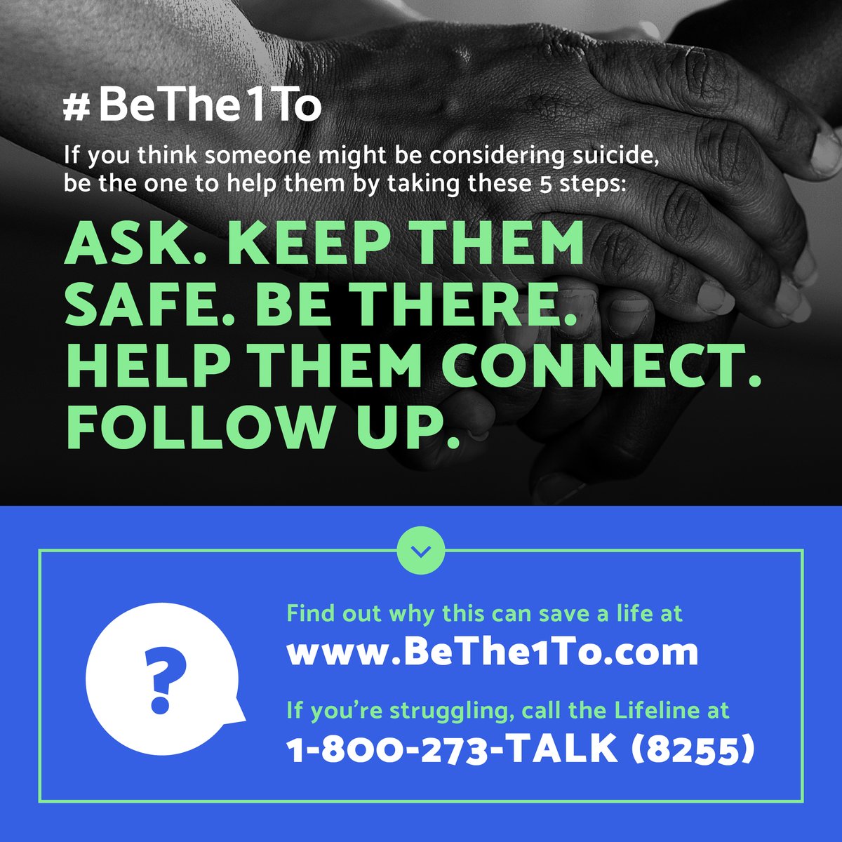 Suicide Prevention Month may be over, but don't forget to still be the one!

+ Ask
+ Keep them safe
+ Be there
+ Help them connect
+ Follow up

#AskListenRefer #PreventionWorks #PreventionMatters #SuicidePrevention #MentalHealth #YouMatter #SPM20 #BeThe1To