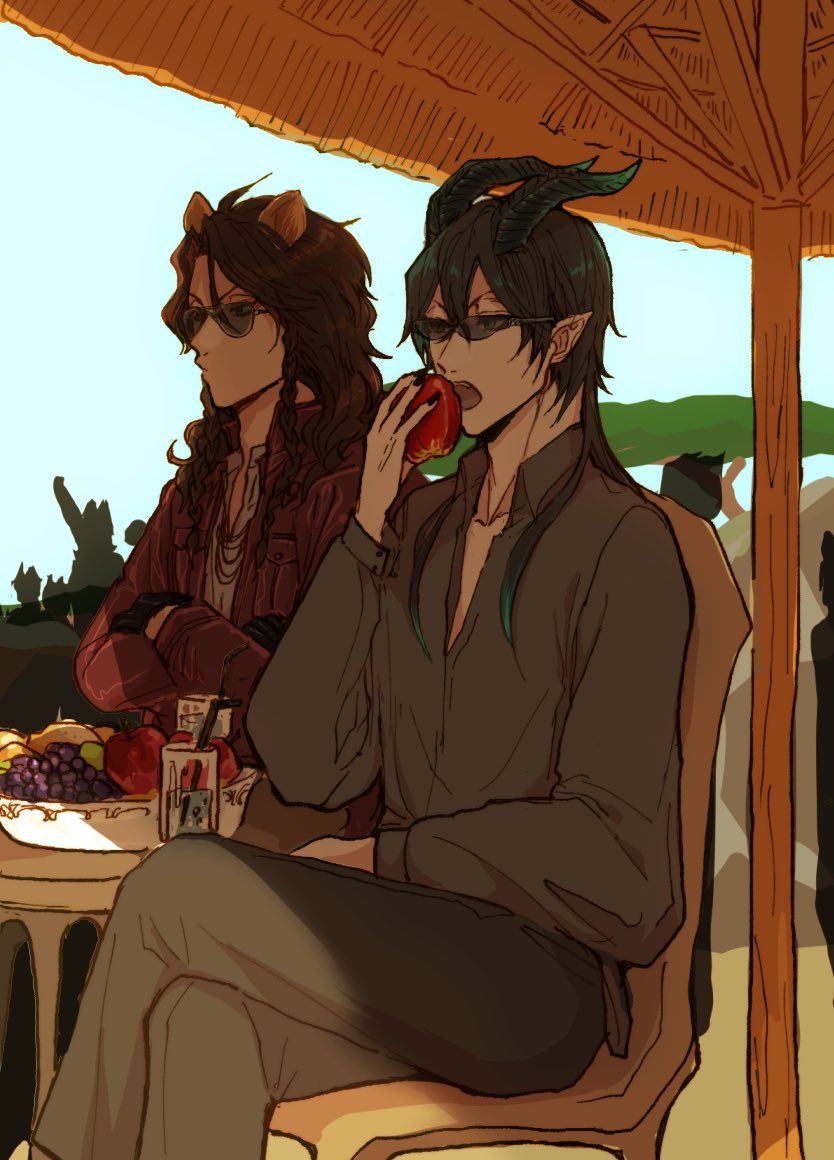 food fruit multiple boys horns 2boys sunglasses eating  illustration images