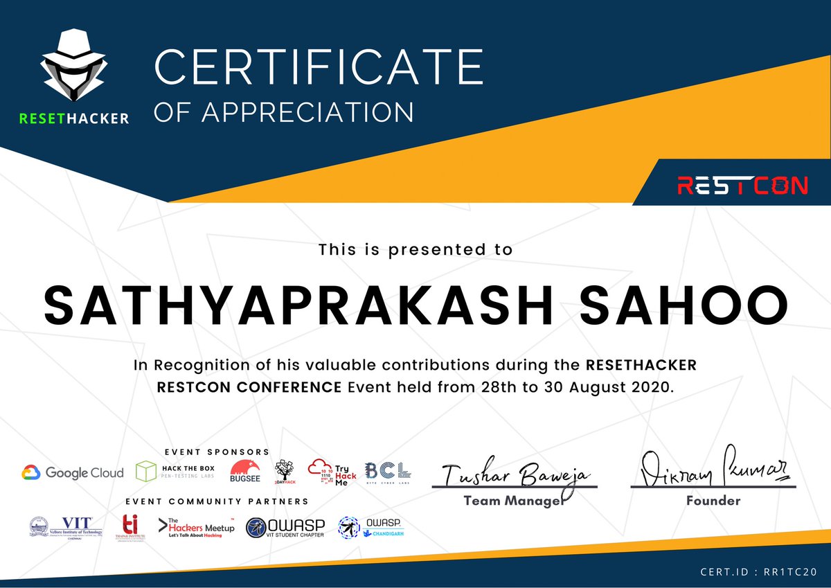 _encryptor_'s tweet photo. Thank you @resethacker for the wonderful opportunity
#restcon2020 #resethacker #infosec #cybersecurity https://t.co/YiMW4Qshl5
