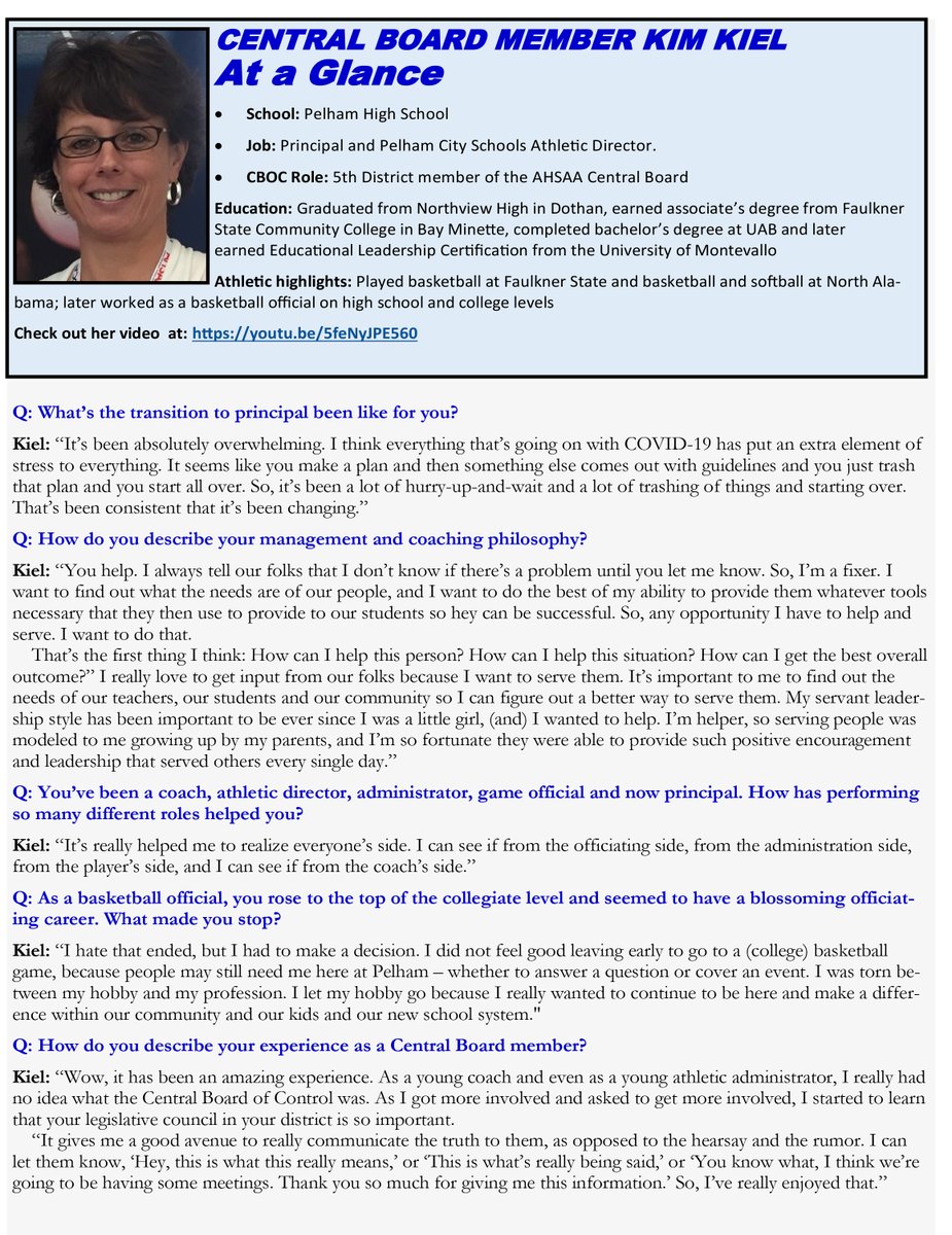 Read about AHSAA Central Board of Control Member, Kim Kiel from @PelhamHighAL @PelhamAthletics! youtu.be/5feNyJPE560