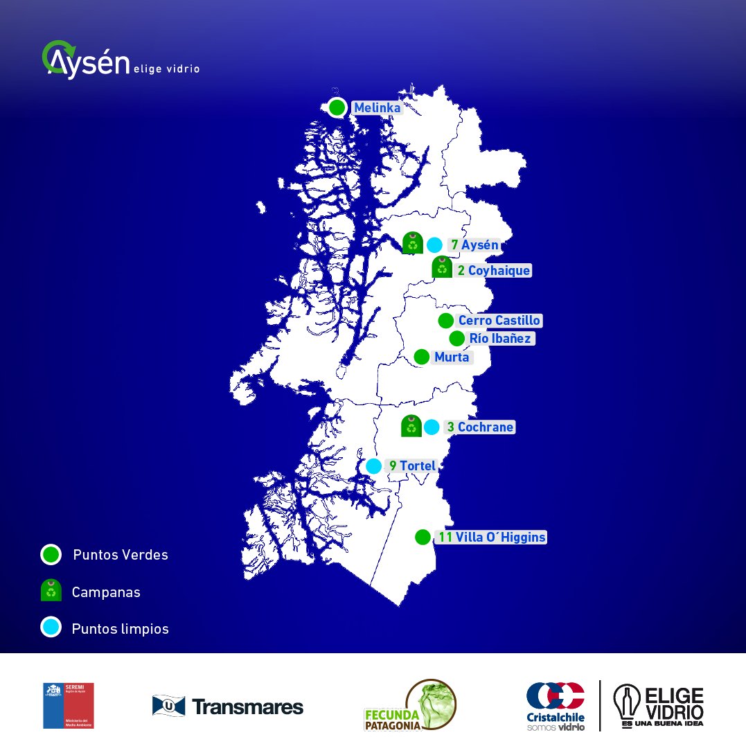 Te mostramos el mapa de la región de Aysén, donde se ubican nuestros 36 puntos de reciclaje de vidrio

#AysénEligeVidrio
<a href="/MMAMetropolitan/">Seremi M.Ambiente RM 🌿</a>
<a href="/MMAaysen/">Seremi MMA Aysen</a>
 <a href="/MMAChile/">Ministerio del Medio Ambiente</a>
 @fecundaltda
 @intendenciaysen