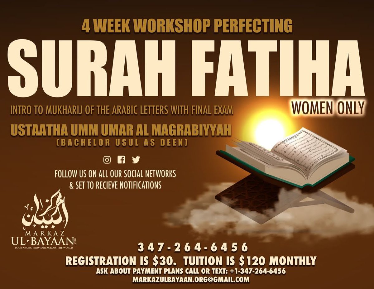 mbarabic966's tweet photo. Womens & Girls Intro Arabic, Madina Book 1 & Quran with Sciences of Tajweed. markazulbayaan.org@gmail.com 347-264-6456 #enroll #TimesUp #medinaArabic #introArabic #ArabicConversation #ArabicReading https://t.co/zxmGzZKI9h