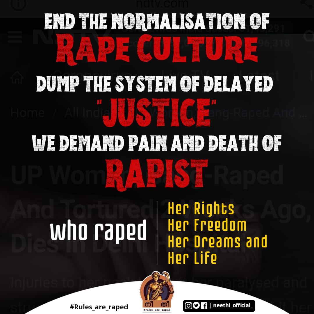 k_nasiya's tweet photo. END THE NORMALISATION OF RAPE CULTURE
Dump the system of delayed "JUSTICE"
We demand pain and death of the rapist
Who raped
Her rights
Her freedom
Her dreams
Her life
#rules_are_raped https://t.co/yOFjlE4Kfj