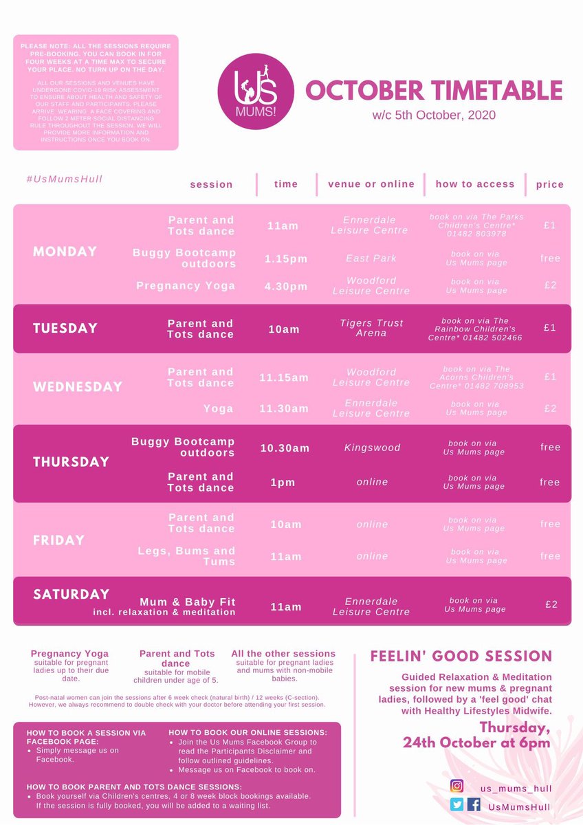 Our October timetable is here!
Activity sessions for pregnant ladies and new mums with babies and toddlers. 
Please note - all the sessions require pre-booking. Head over to our Facebook page for more info!
#UsMumsHull #GetHullActive #HealthyHull #Hull