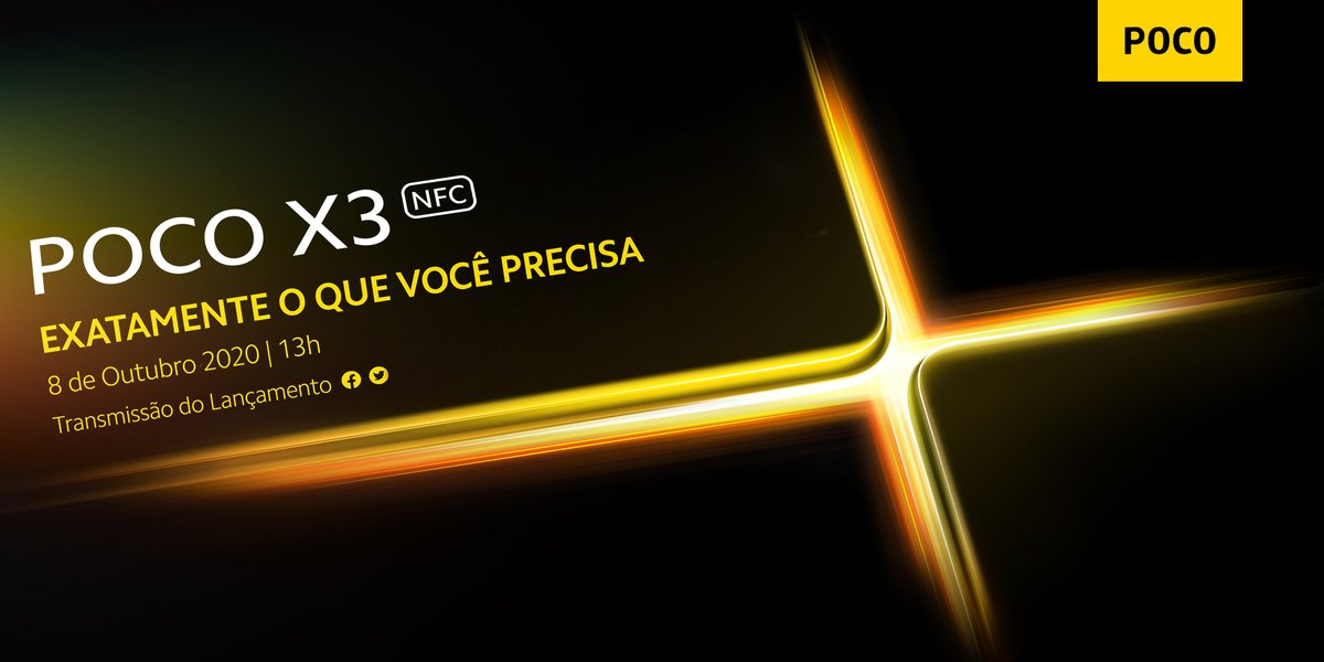 Um COMBO ÉPICO está chegando!
🔥🔥🔥
O evento de lançamento do #POCOX3 NFC será no dia 8 de outubro as 13h
🤖🤯🤯🤖
Não perca a transmissão ao vivo em nosso Twitter ou Facebook (surpresas a caminho)

GG pra quem assistir 🏅
Gameover pra quem perder ☠️

#ExatamenteOqueVocePrecisa